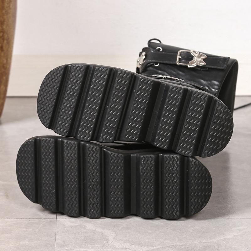 Large Size 36-43 Women's Soft Bottom Motorcycle Boots Lady Slope Heel Butterfly Love Belt Buckle Punk Fad Long Boots Botas Mujer