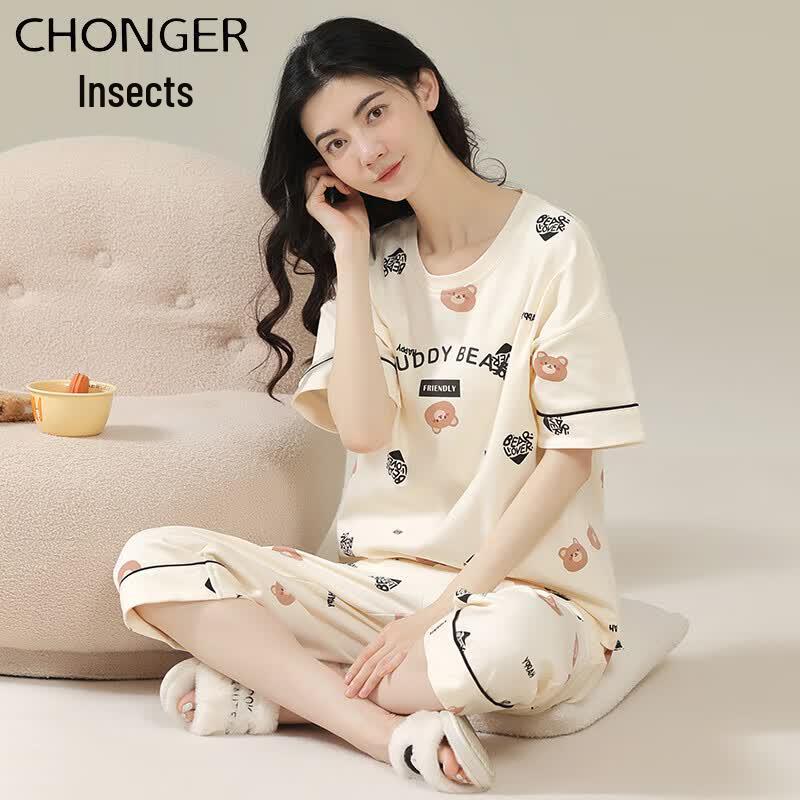 Women s 100% Cotton Bear Print Short Sleeve Capri Pajama Set M