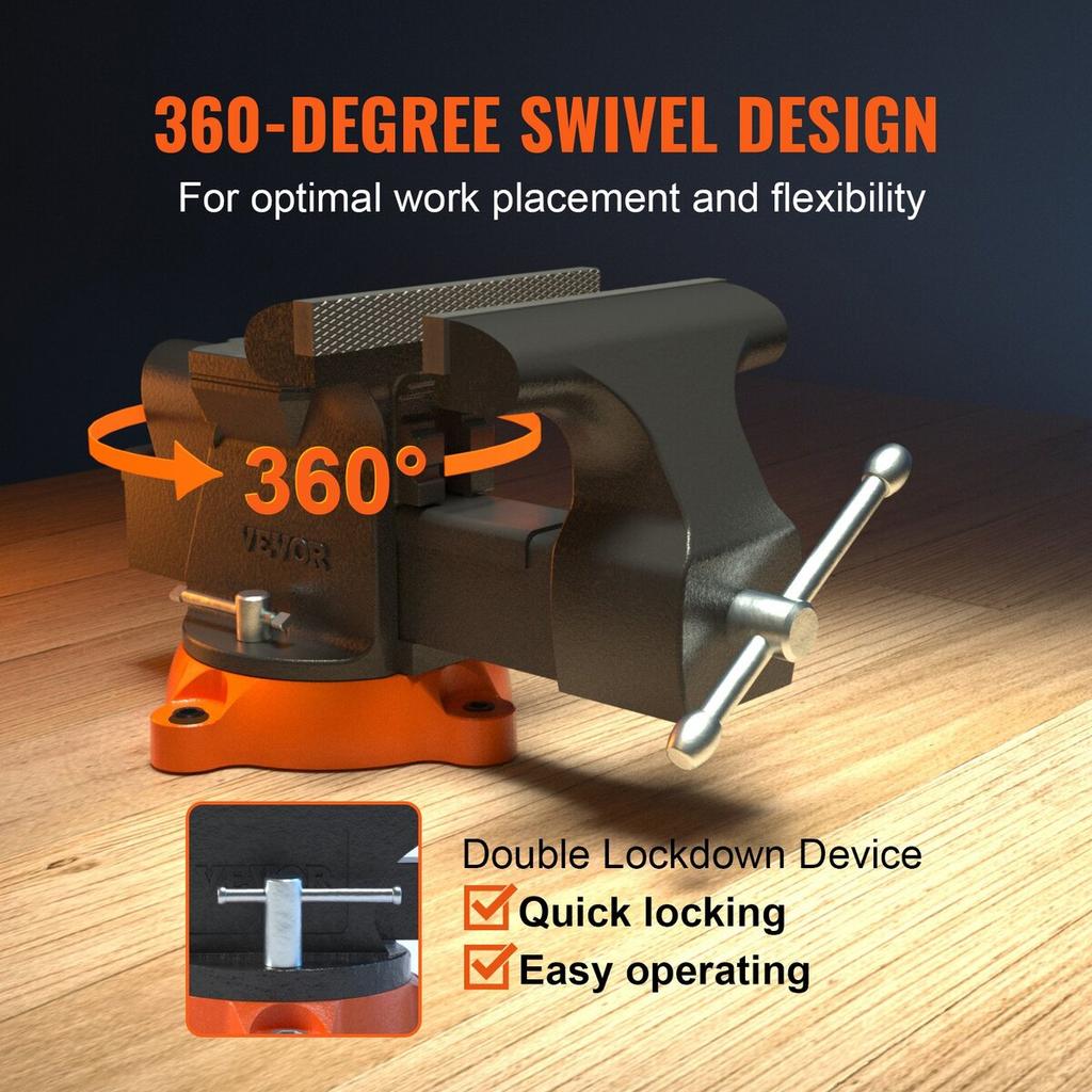 6" Bench Vise W/ Anvil 360°Swivel Locking Base Heavy Duty Ductile Iron