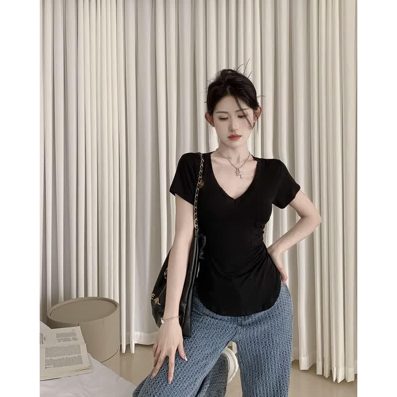 Zuose Women's V-neck Pocket Short Sleeve T-shirt
