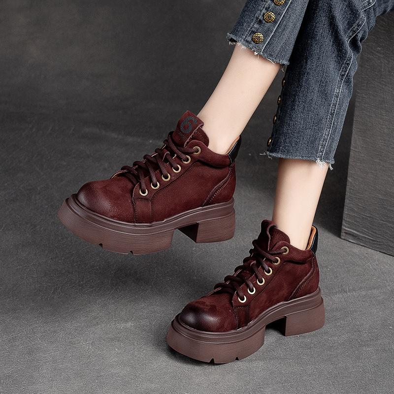 Fashion GKTINOO 2025 Autumn Winter New Retro Genuine Leather Lace-up Short Boots Round Toe Thick Sole Casual Versatile Women's Shoes