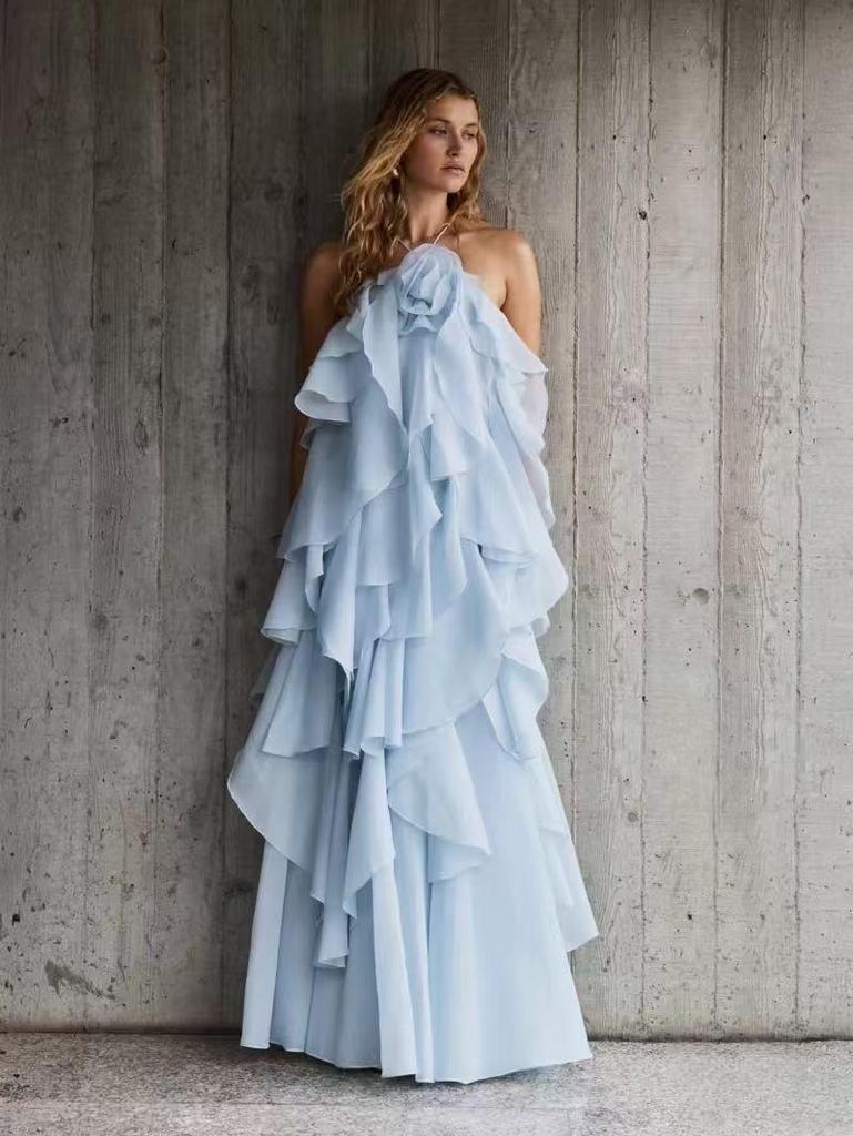 2025 Trendy Women's Off-the-Shoulder Backless Sleeveless Halter Neck Dress with Ruffled Fluffy Skirt