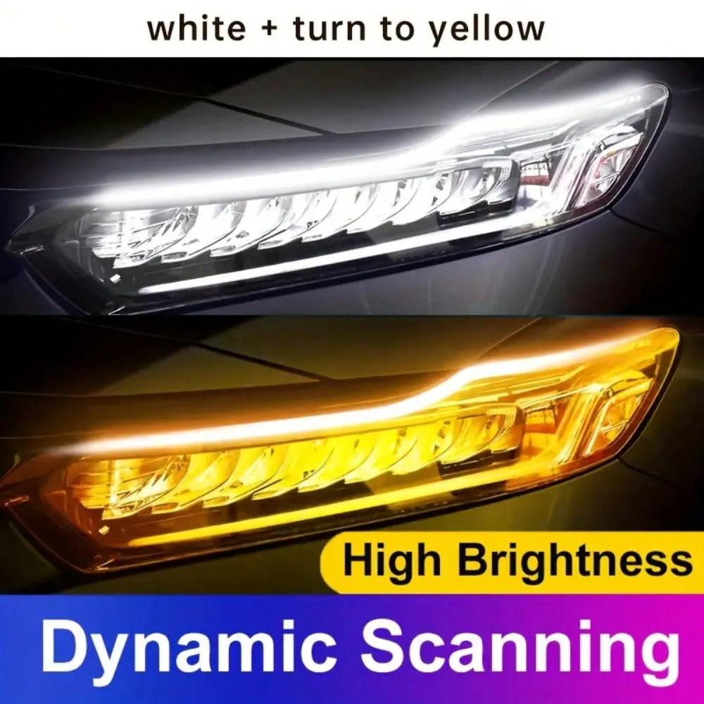 2pcs LED DRL Car Daytime Running Lights - Flexible Waterproof 12V Strips (White DRL, Yellow Turn/Brake Signals)