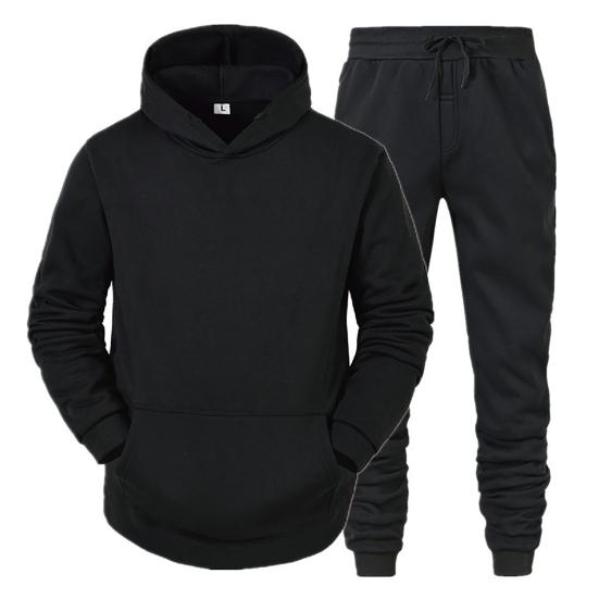 2Pcs/Set Long Sleeve Elastic Waist Mid-rise Thickened Sportswear Set Men Winter Solid Color Pockets Hooded Sweatshirt Pants Set Daily Clothing