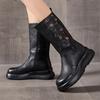 Fashion 5CM Luxury Design Women Mid Calf Boots Winter Thick Sole Wedges National Style Embroidery Warm Genuine Leather Long Boots