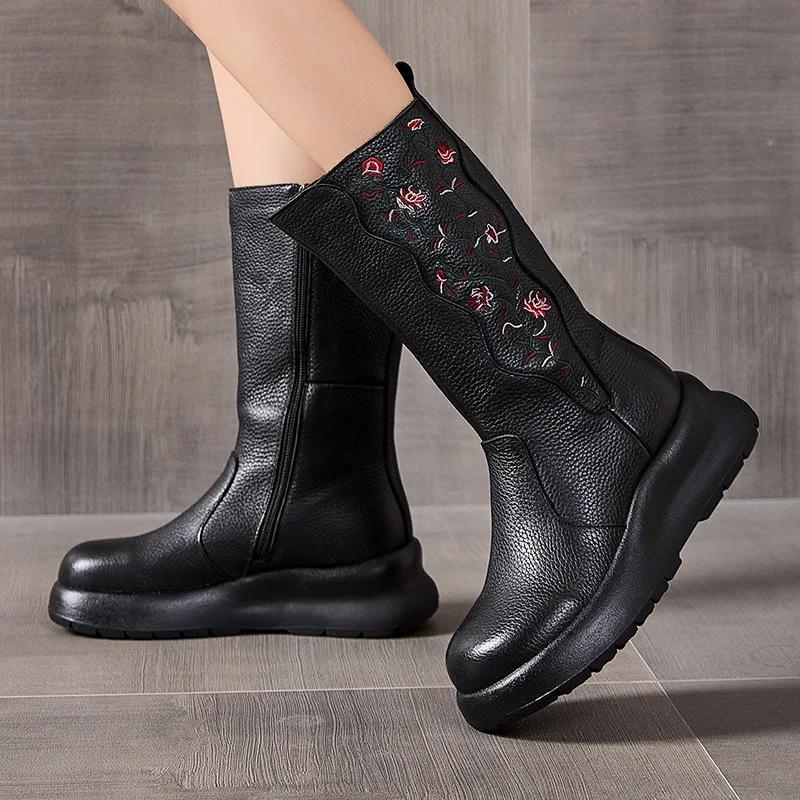 Fashion 5CM Luxury Design Women Mid Calf Boots Winter Thick Sole Wedges National Style Embroidery Warm Genuine Leather Long Boots