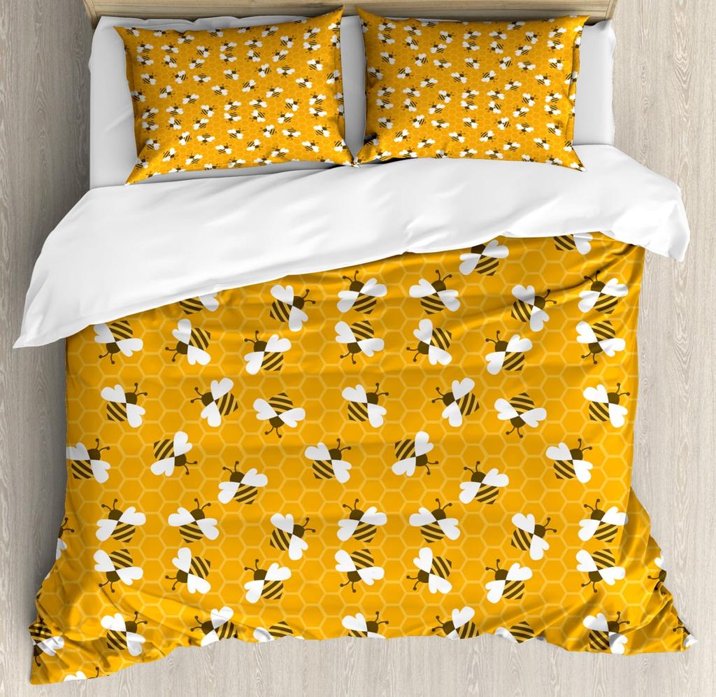 Be Quen Sized Dimensions Soft Duvet Cover Set, Bumble Bes Producing Honey By Filing Honeycombs Cels Themed Graphic Image Print, Soft Warm