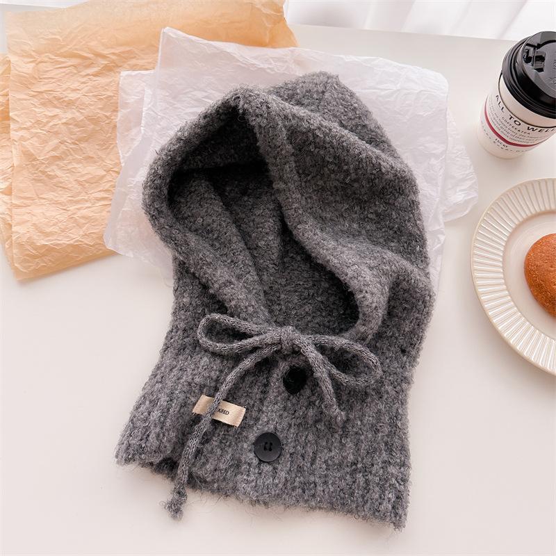 Drawstring button solid color versatile balaclava wool knitted hat winter warm and protective ear hat