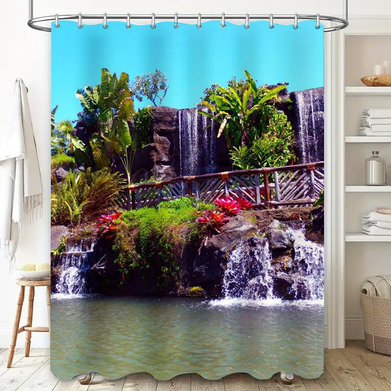 Bathroom Decor Waterproof Shower Curtain Tropical Waterfall Design for Bathtub Coverings White Color Polyester Fabric (200 x 180