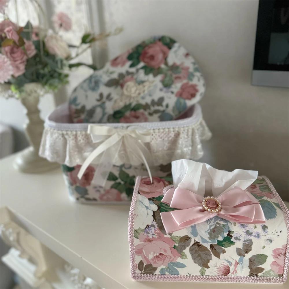 Scatola portaoggetti per decorazione domestica Lusso leggero Squisita scatola portaoggetti per orecchini, collane, anelli Scatola portagioie per la casa Scrivania Rosa Fiocco Tissue