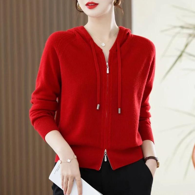 Autumn Fashion Outerwear Knitted Sweater Hooded Cardigan Women's Fashion Outerwear Long Sleeved Loose Solid Color Sweater Jacket