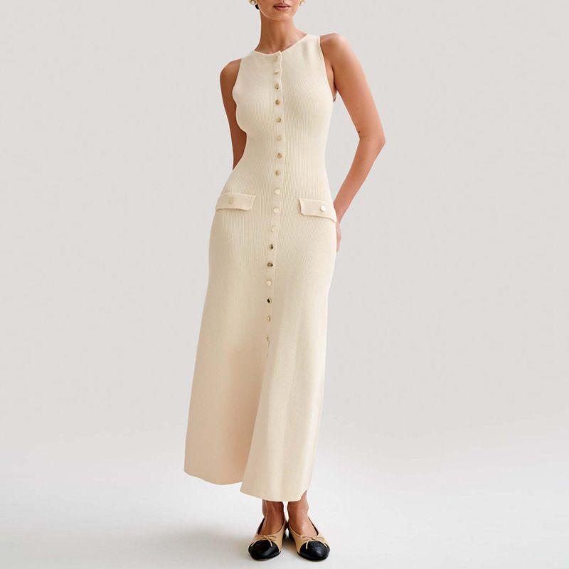 

Fashion round Neck Single-Breasted Vest Dress Fashion Elegance Sleeveless Long Dress Silm Slimming Knitted Dress Apricot color S