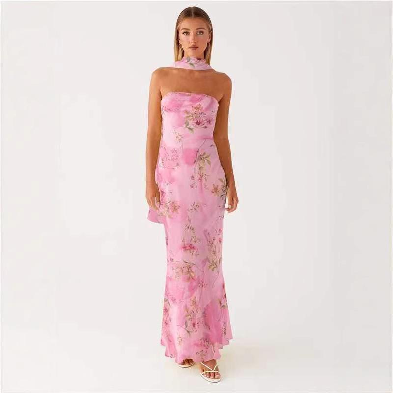 Women's Strapless Floral Print Mermaid Maxi Dress with Side Drape