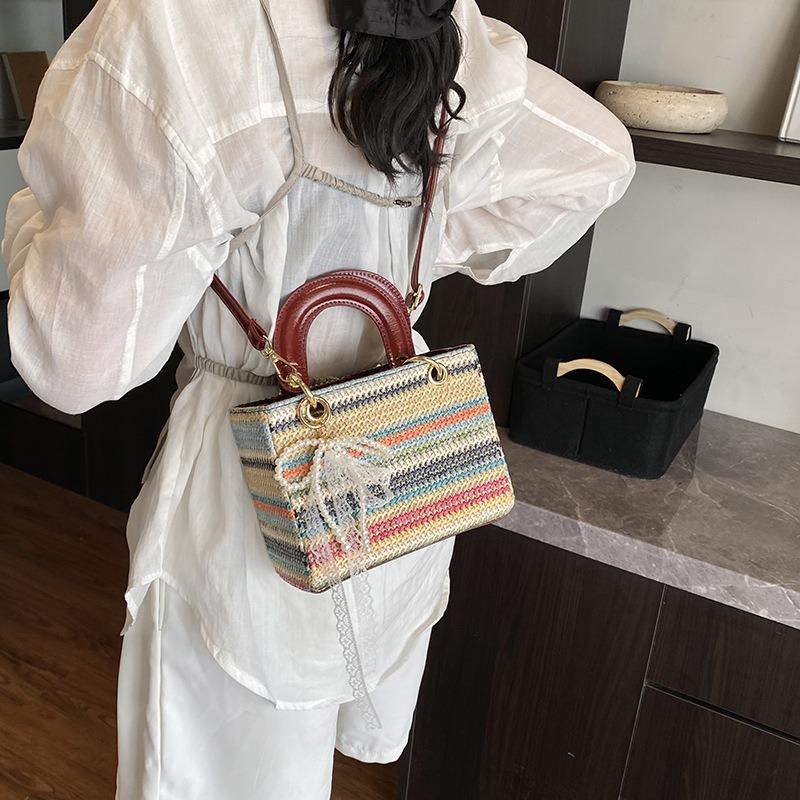 Rainbow Small Bag Portable Princess Diana Bag Women's New Summer Niche Contrasting Color Woven Messenger Bag