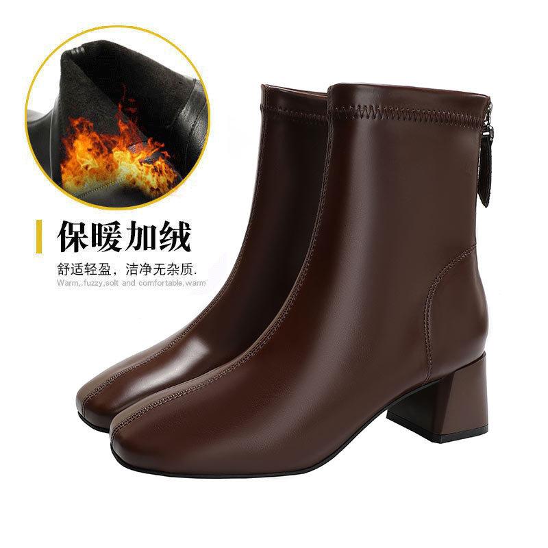 Square head short boots women's thick heel 2025 new autumn and winter high heel medium tube women's boots brown thin French short boots