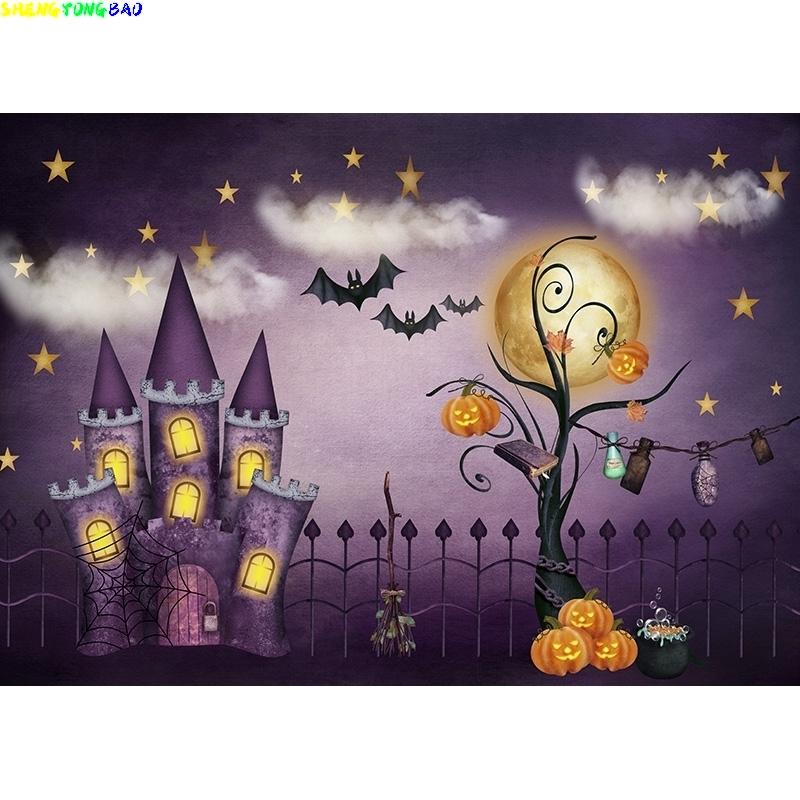 Halloween Backdrop Full Moon Scary Night Castle Trees Pumpkin Lantern Photography Background Kids Adult Family Party Decor WH-04