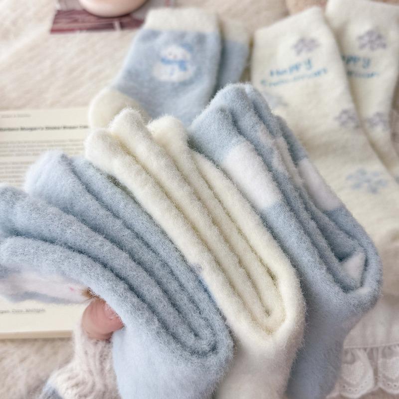 Australian Wool Children's Winter Plush Thick and Warm Mid-calf Socks, Cute Cartoon Snowman Sleep Socks, Home Floor Socks
