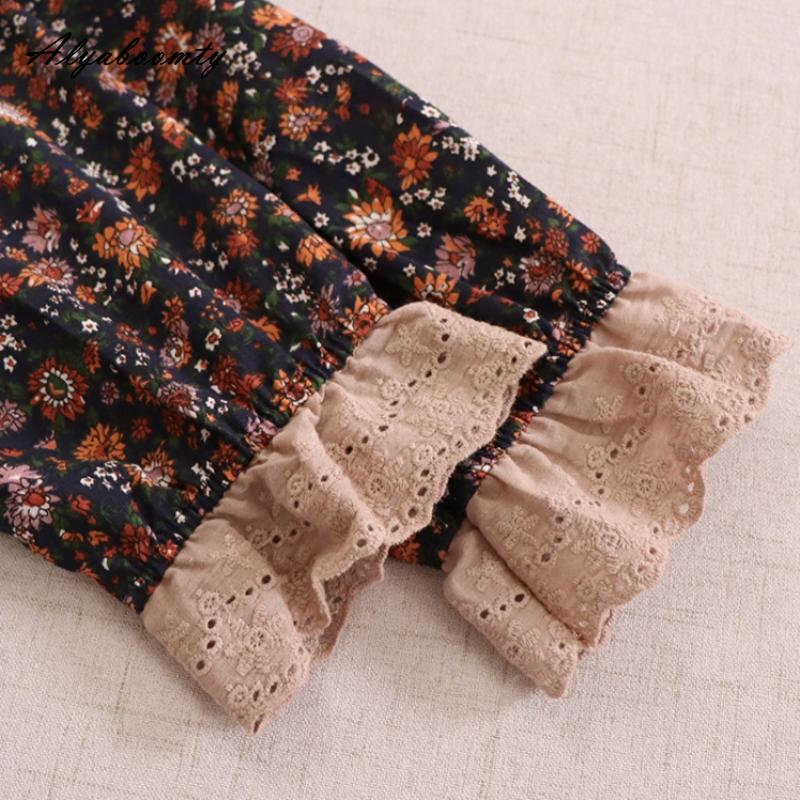 Japanisches Mori-Mädchen Frühling Herbst Damen Midikleid Rüschenkragen Blumendruck Patchwork Retro Kleid Vintage Baumwolle Leinen Stickerei Aushöhlen Kleid