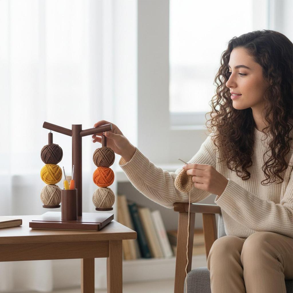 Yarn Holder For Crocheting Magnetic Rotating Wooden Knitting Spinner Wooden Yarn Ball Holder With Phone Stand And 2 Spindles For
