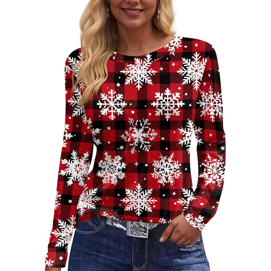 Women's Christmas Print Long Sleeve Top with Round Neck and Side Slit