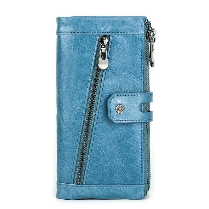 Triple Layer Zipper Women Long Wallet Old Fashioned Genuine Leather Ladies 3 Fold Coin Purse RFID Anti-theft Money Clips Card Holder Bag for Wife Gift