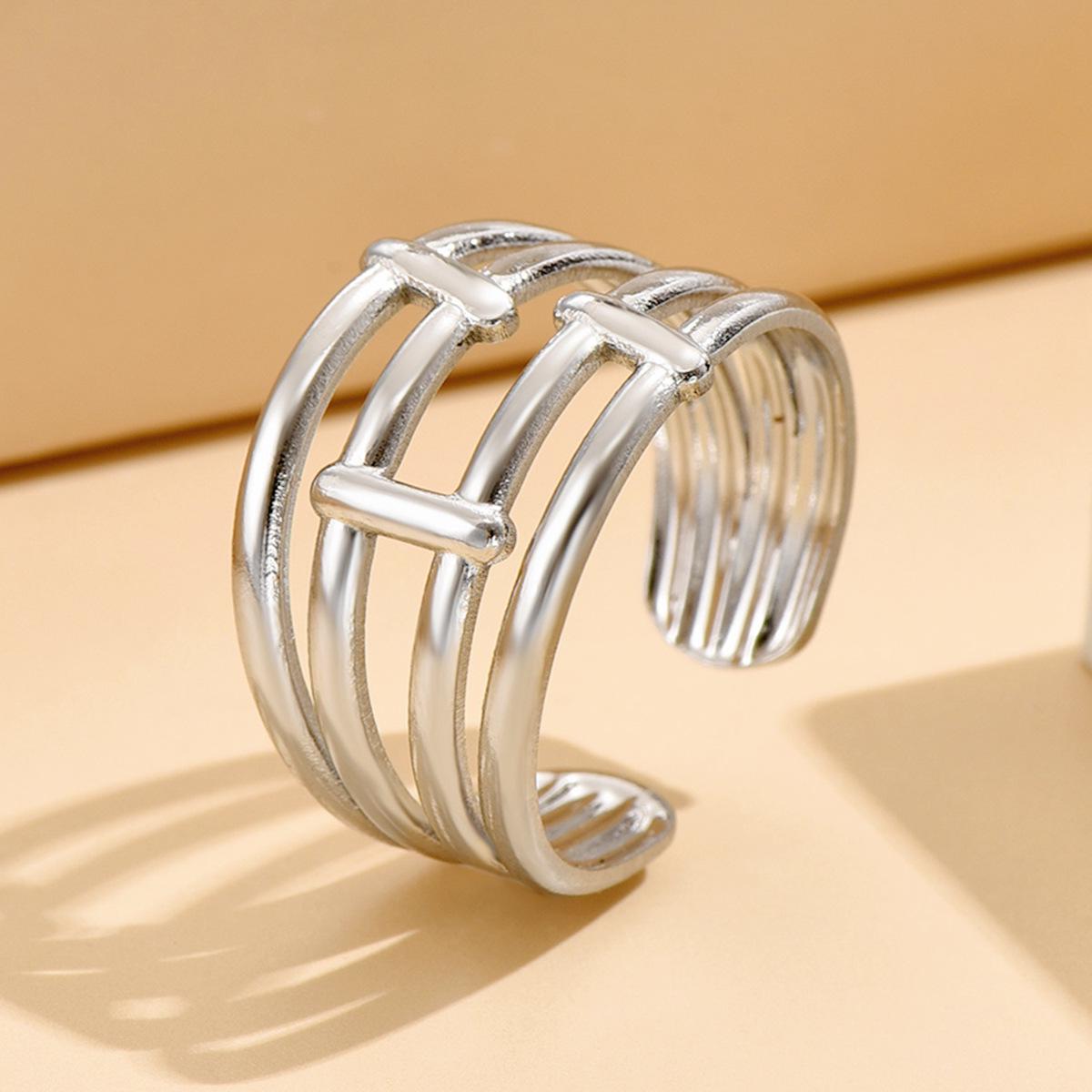 Retro Geometric Stainless Steel Ring - Multi-layer Hollow Design, Cool Titanium Steel Style