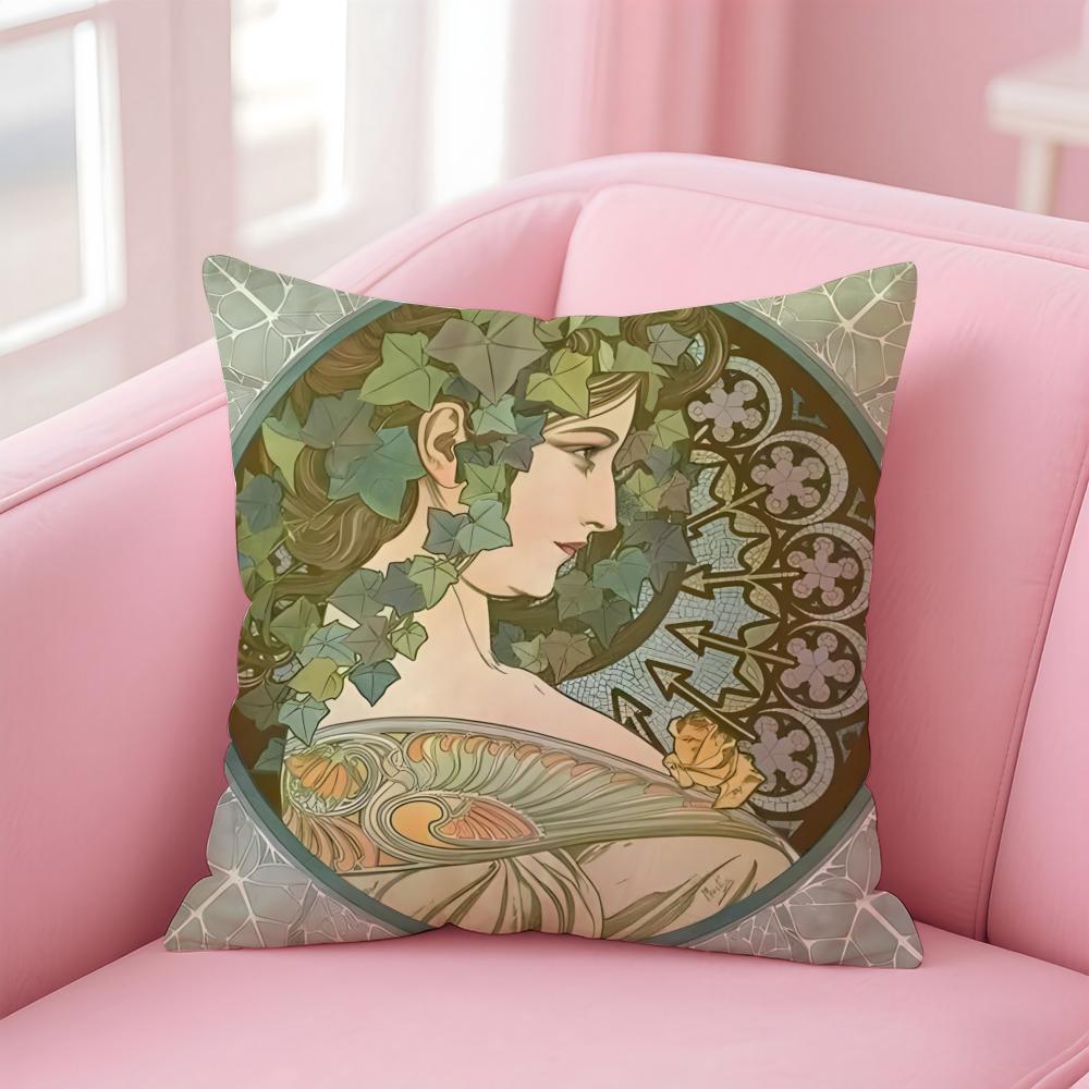 artistic AAlphonse Maria Mucha Cushion Cover Pillow Case Soft Skin Friendly Fabric Comfort Concealed Zipper