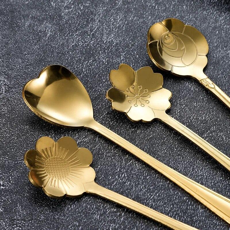 6pcs Stainless Steel Cherry Rose Flower Gold Scoop Coffee Spoon Gifts Kitchen Dessert Tea Accessories Tableware Decoration Set