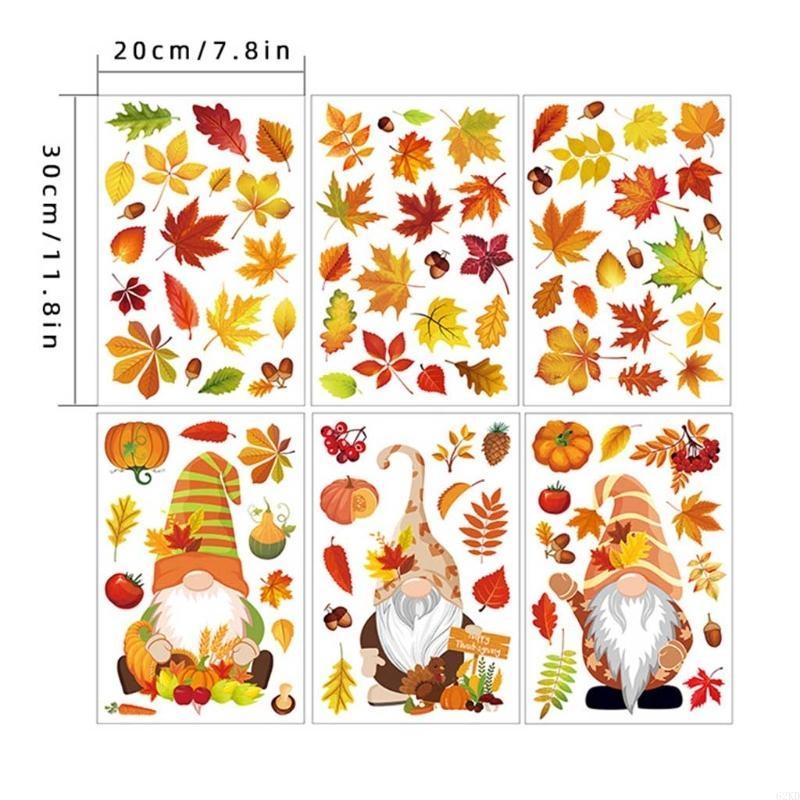 62KD 6 Sheets Autumn Thanksgiving Gnomes Window Clings Decal Fall Pumpkin Maple Leaf Electrostatic Stickers Wall Decor