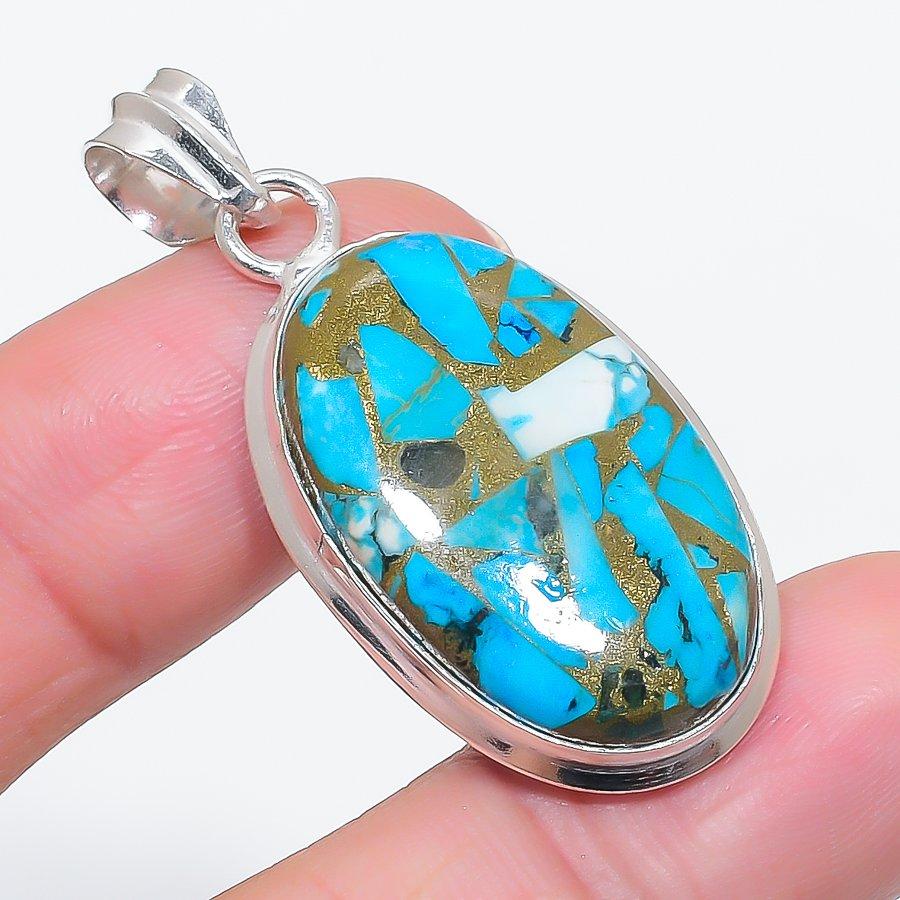 Natural Copper Blue Turquoise 925 Sterling Silver Jewelry Pendant 1.81" g4l27