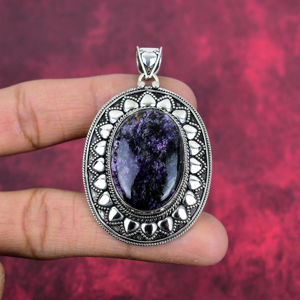 Charoit Handgefertigter Edelstein Anhänger, 925 Sterling Silber Anhänger Antiker Schmuck, Für Verlobungsgeschenk