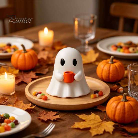 Small Gnome Statue Ghost Drinking Coffee Figurine, Cute White Holding Orange Mug Statue, Spooky Figurine Halloween Bar Decoration for Kitchen Counter,