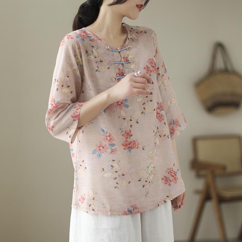 Retro Chinese Modified Button Cotton and Linen Printed Shirt Women's Spring and Summer Loose and Thin Seven-quarter Sleeve Top Women