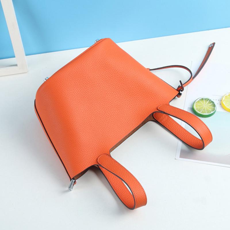 Leichter Luxus Echte Rindsleder Korb-Stil Eimer Tasche Neu für Damen Silberfarbener Schlossverschluss Oberer Griff Handtasche, KEIN LOGO