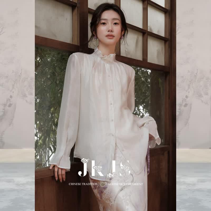 JKJS New Chinese Style Embossed Ruffle Blouse S белого слоновой кости