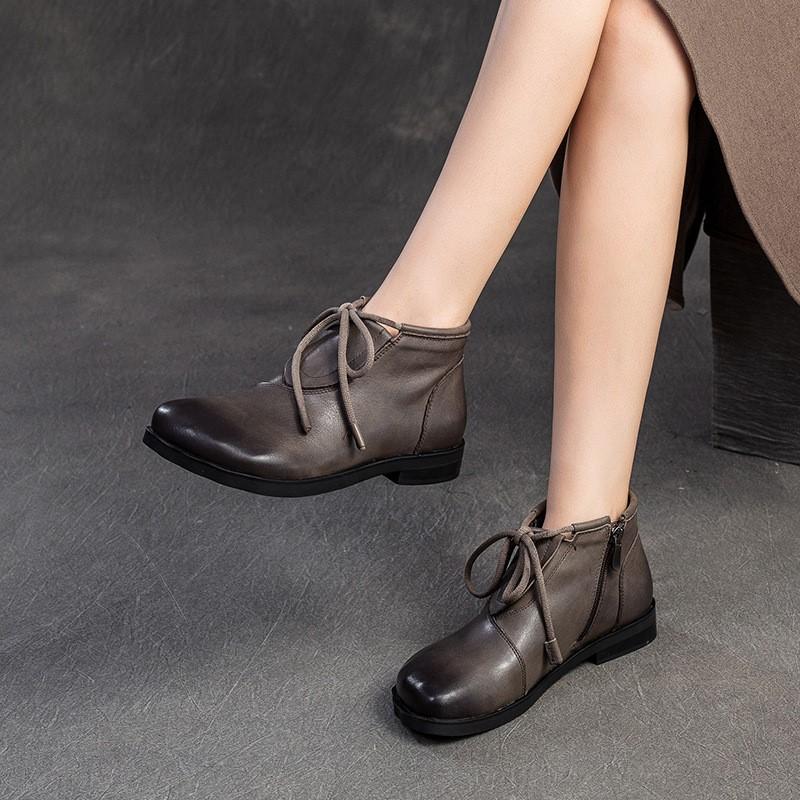 Johnature Retro Versatile Flat Short Boots Comfortable Commuting Casual Genuine Leather Women's Shoes