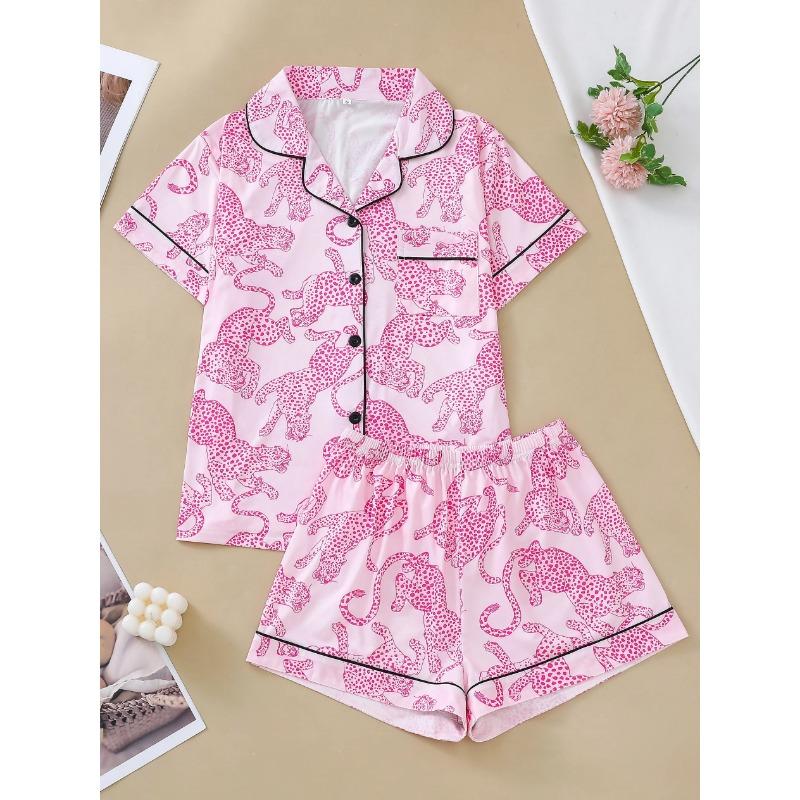 

Повседневный розовый пижамный комплект с леопардовым принтом для женщин, топ с короткими рукавами и мешковатые шорты, домашняя одежда для женщин S розовый