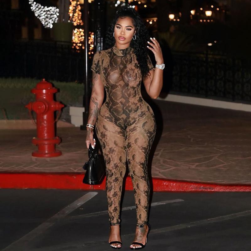 2024 Summer European & American-Style Women's Sexy Backless Mesh Jumpsuit with Fashion Print