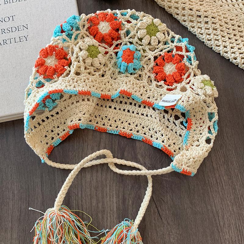 

Retro woven flower hollow fringed knitted hat women s summer breathable and versatile face small bag hat one size fits all бежевий