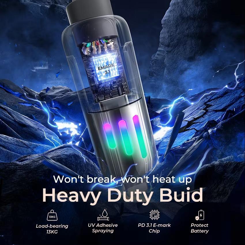 240W Chubby USB C-kabel Snabb laddning 4 i 1 Datakabel 6,6FT Zinklegering med Andningsljus för Telefon/MacBook/iPad