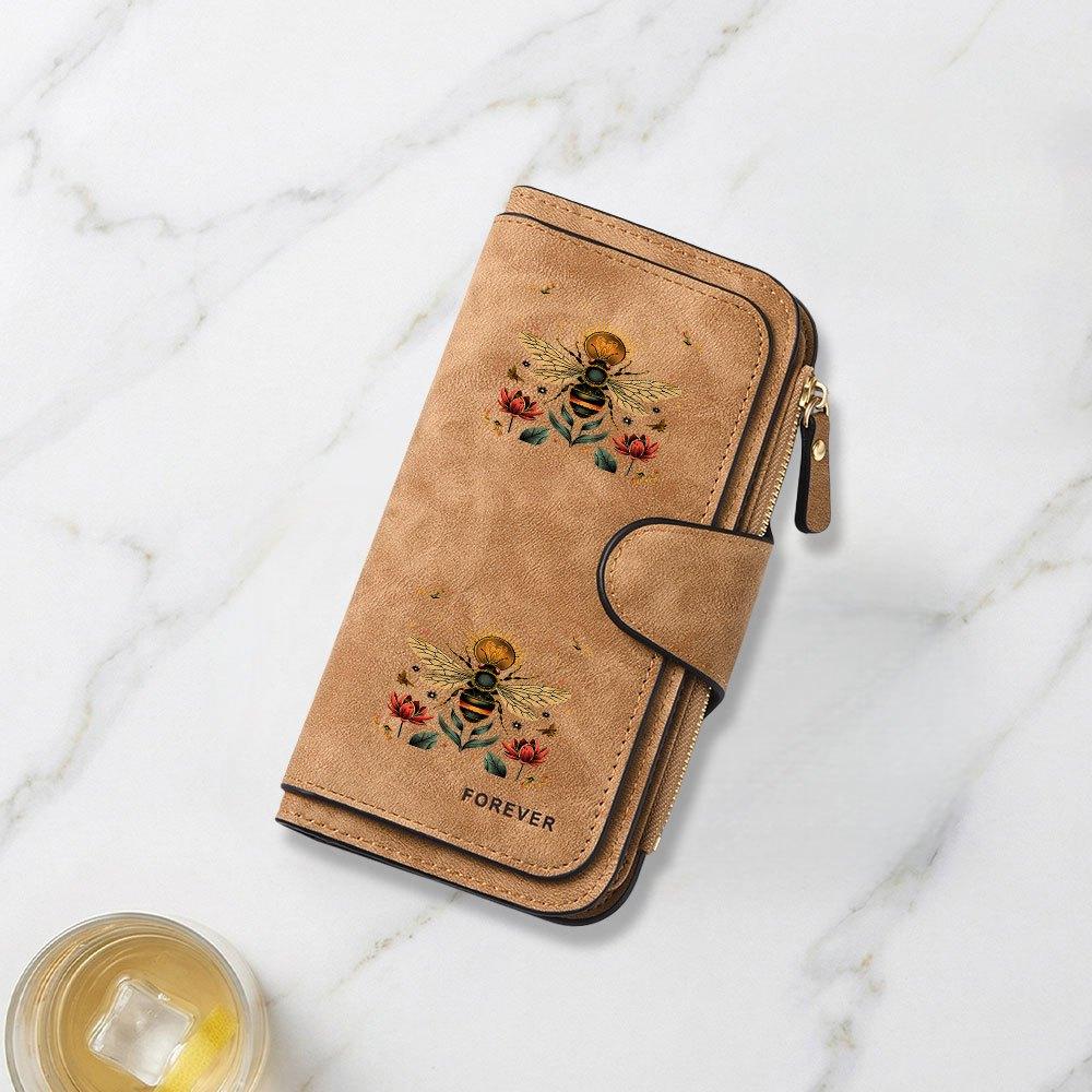 Vintage Style Floral and Bee Illustration Printed Long Wallet Multifunctional Portable Coin Purse with Clasp Suitable for Daily Commuting Large