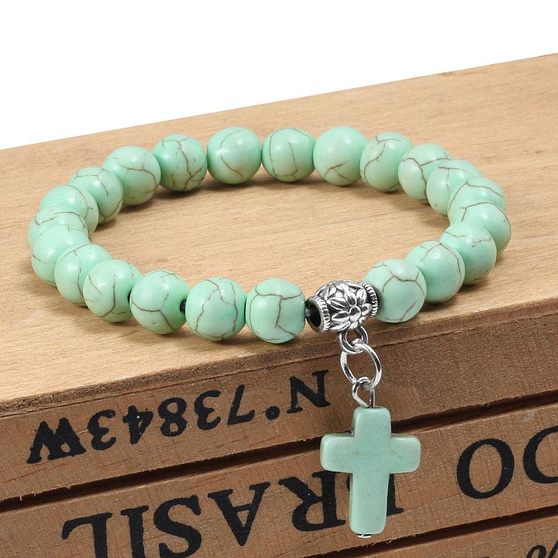 Turquoise Lava Stone Cross Pendant Bracelet with Elastic Cord