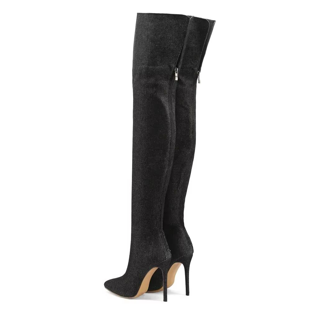 Winter Women Denim Over the Knee Boots Black Jeans High Thin Heel Pointed Toe Sexy Party Dress Lady Back Zipper Thigh High Boots