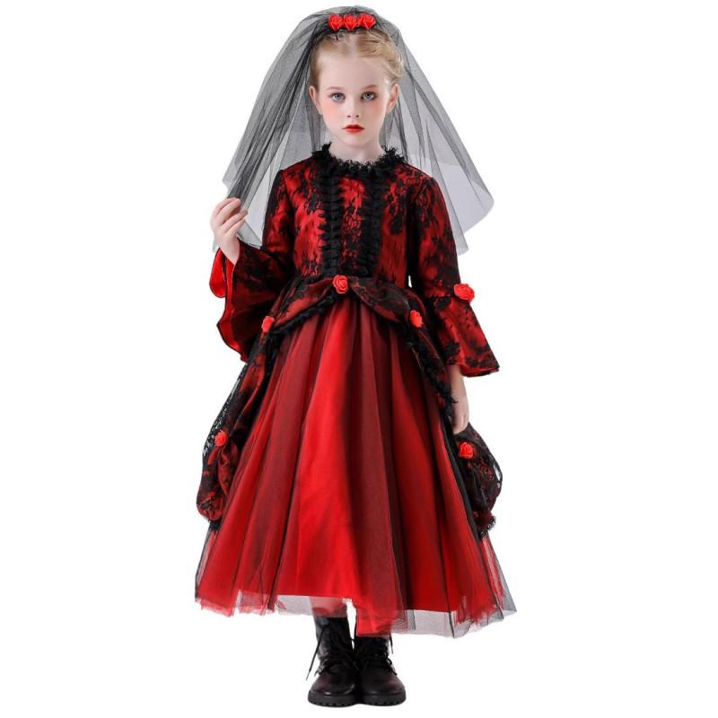 Halloween Vampire Witch Red Bride Princess Dress With Veil Kids Girls Party Costumes