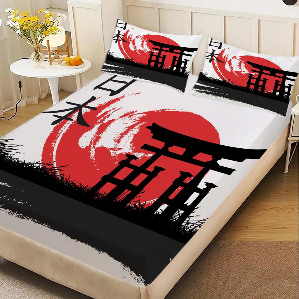 Japanese Style 3D Print Fitted Sheet Set 100% Polyester Mattress Covers Breathable Set Room Decoration With 2 Pillowcases