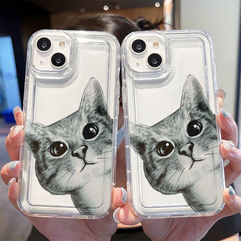 Cat-Compatible Cartoon iPhone 15/15 Pro/15 Pro Max Case - Drop-Proof, Transparent, Air Cushion Protection