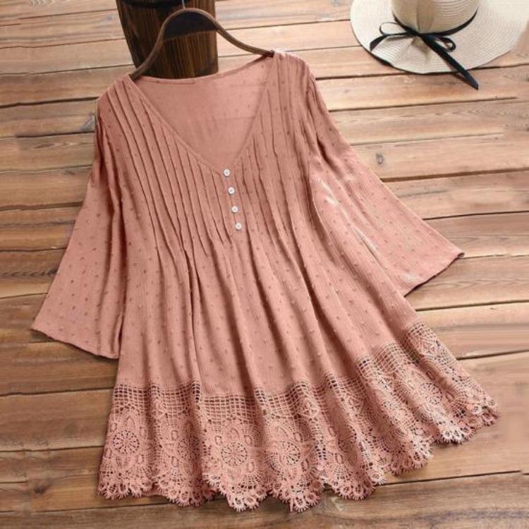 Floral Lace Hem Blouse Women Half Sleeve Hollow Out Stitching Buttons Decor