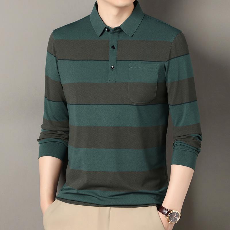 Men S Long Sleeve Striped Polo Shirt Pocketed Casual Top For Middle Aged