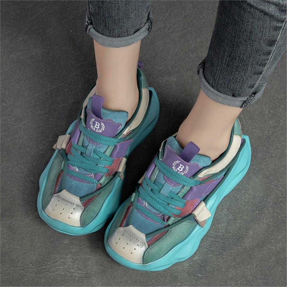 Johnature Lodičky Dámské Boty Pravá kůže Smíšené barvy Šněrovací Retro Jarní Kulatá Špička Šití Ruční práce Dámská obuv