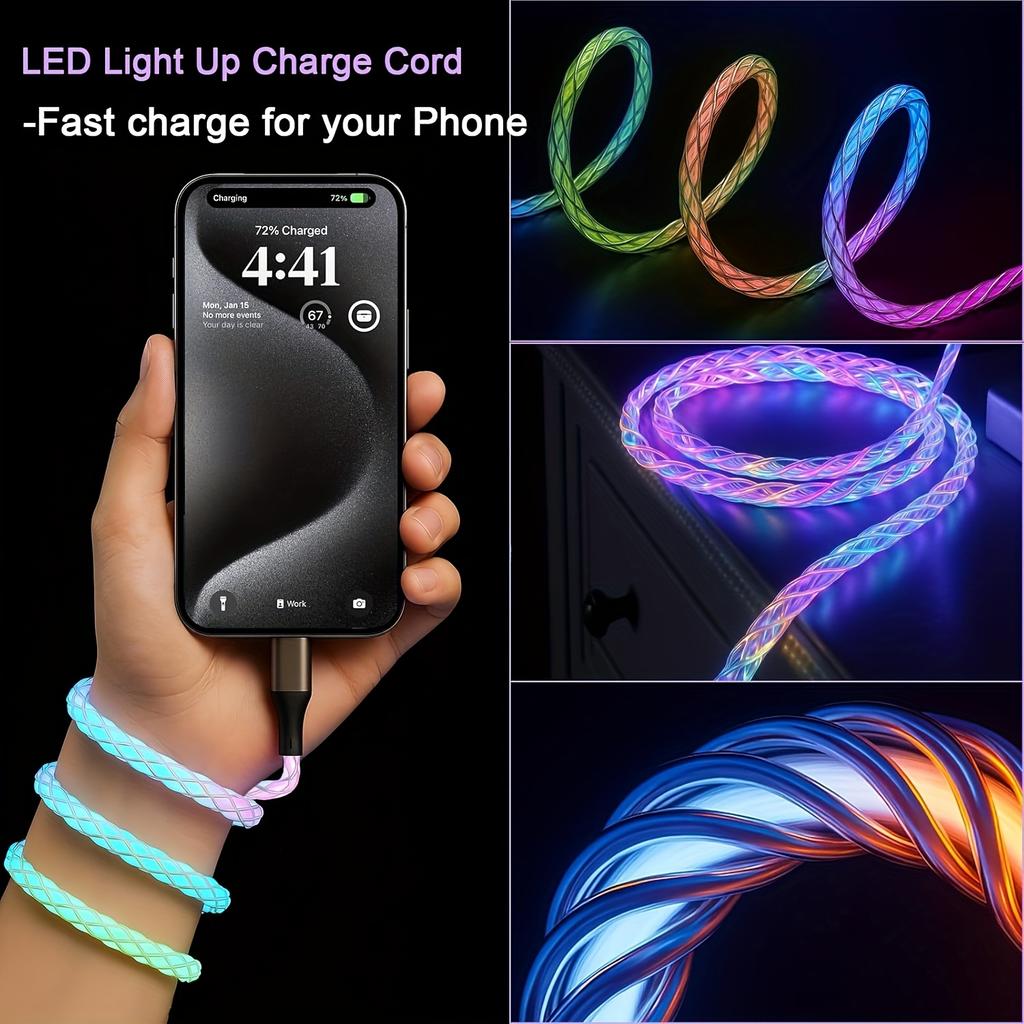120W Flowing Led Luminous RGB USB A To Type C Charging Cable Sync Data Usb Cable for 17 16 15 Pro Huawei Samsung Oppo